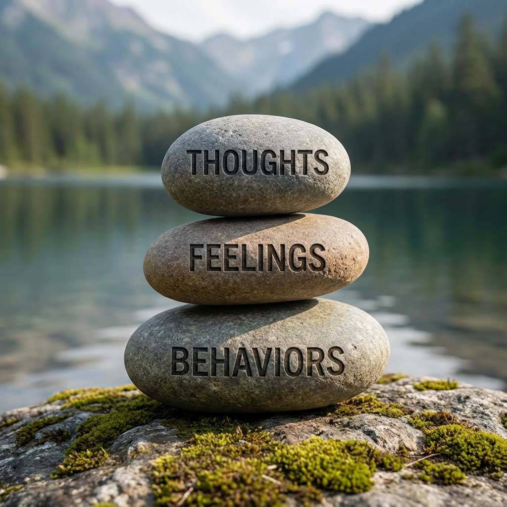 New Heart Counseling Centers - Home 13 Stacked stones labeled 'Thoughts', 'Feelings', and 'Behaviors' for Cognitive Behavioral Therapy
