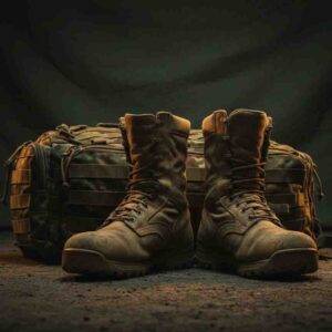 Military & Veterans 1 Military combat boots and a rucksack set down, symbolizing the heavy weight of the mission finally resting in a safe harbor for processing.