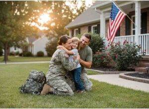 Military & Veterans 3 Female military service member hugging her husband and daughter at home, symbolizing the joy and challenges of reintegration after deployment.