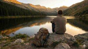 Anxiety & Stress Relief 2 Veteran resting by a mountain lake with his rucksack set down, symbolizing setting down the heavy mission and finding peace from operational stress.