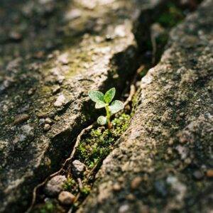 Trauma Recovery 3 Plant growing through rocky soil symbolizing resilience and growth after childhood trauma.