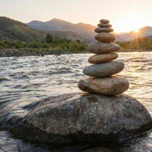 Clinical Approaches 4 Cairn of balanced stones in a flowing, choppy river, symbolizing the stability and emotional regulation skills taught in Dialectical Behavior Therapy (DBT)