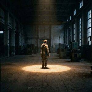 Trauma Recovery 2 A solitary figure standing in a small circle of light surrounded by shadows, illustrating the isolation and avoidance behaviors of PTSD.