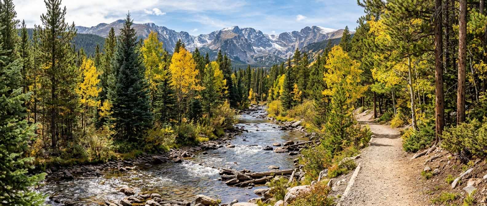Comming Soon Stream in mountains Stream Running through Rocky Mountaons with path besides