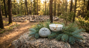 A Christian cross engraved on a stone and a kintsugi bowl nestled in pine boughs, with a stone prayer labyrinth in a sunny Colorado forest