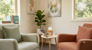 A peaceful counseling office with two armchairs, a kintsugi bowl on a side table, and a potted fiddle-leaf fig plant.