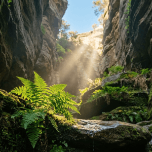 A vibrant green fern catching sunlight inside a peaceful, mossy canyon
