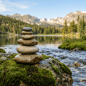 A balanced stack of smooth river stones resting on a mossy rock near a mountain stream