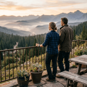 First Responders & Tactical Professionals | New Heart Counseling Centers 1 An off-duty first responder couple standing on a patio looking out at a peaceful Colorado mountain sunrise, symbolizing decompression and relational healing in first responder therapy.
