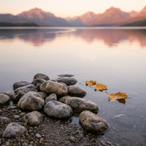 Smooth river stones and golden leaves resting by a tranquil lake shore at twilight