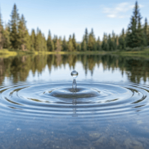 Concentric ripples radiating across a calm mountain pool reflecting soft daylight