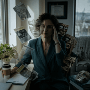 Split-screen portrait of a woman in a dark teal blazer sitting at a desk. On the left, she holds a coffee cup under bright light surrounded by floating papers. On the right, the lighting turns dark and moody as stylized theatrical masks float around her, symbolizing high-functioning burnout and the masks worn in daily life.