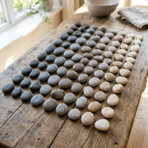 Smooth river pebbles arranged in clean, intuitive order on a warm wooden surface