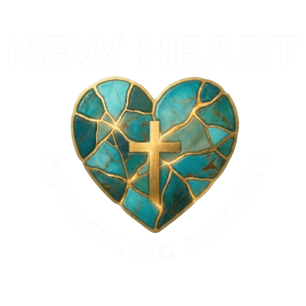 New Heart Counseling Center Logo Logo for New Heart Counseling Centers featuring a mosaic turquoise heart with gold kintsugi-style lines and a central gold Christian cross.