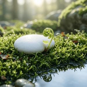 A smooth white river stone gently cradling a small green sprout on moss near still water
