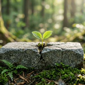 A vibrant green plant sprout growing out of a crack in a stone block in a peaceful forest setting
