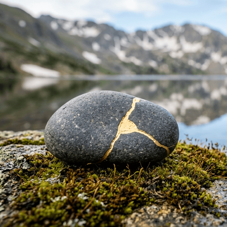 A dark river stone with a soft gold Kintsugi seam resting on moss by a calm lake