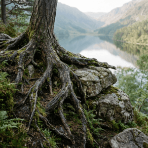 Deep tree roots anchored firmly in mossy rock and soil in a tranquil forest setting