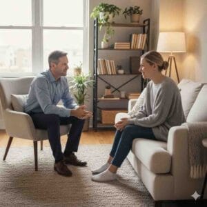 Counseling Services & Specialties 1 Male counselor and client smiling and engaging in a session, representing the supportive and relational focus of adult counseling.