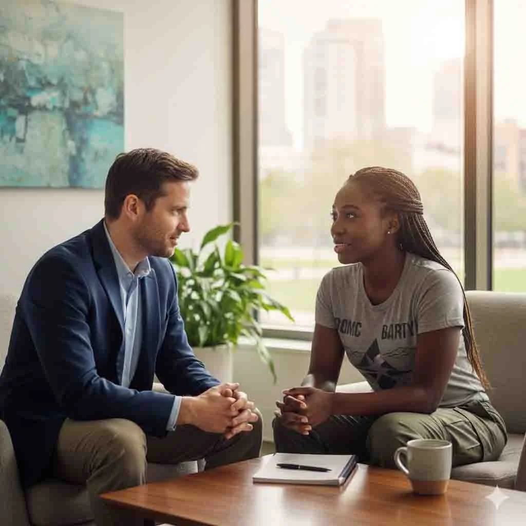 New Heart Counseling Centers - Home 1 Therapist listening to a client for anxiety and stress relief