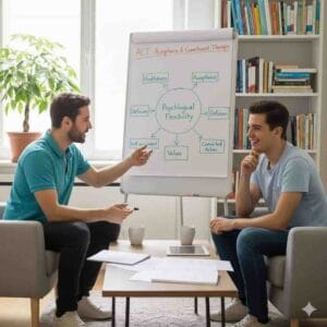 Clinical Approaches 3 Therapist pointing to a chart illustrating the 'Hexaflex' model of Acceptance and Commitment Therapy, explaining psychological flexibility to a client.