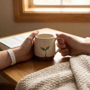 Two people sharing a cup one with a medical wristband