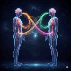 Clinical Approaches 2 Digital illustration of two figures connected by brightly colored flowing light streams between their brains and hearts, symbolizing limbic resonance and human connection.