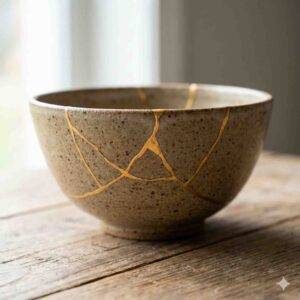 Trauma Recovery 1 Kintsugi bowl repaired with gold veins, symbolizing resilience and healing in trauma recovery therapy.